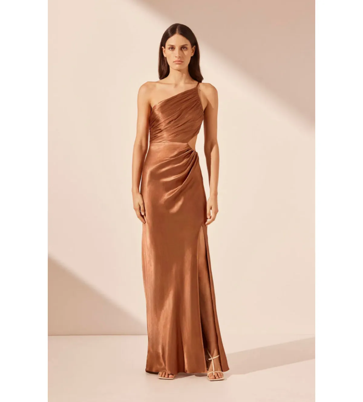 Shona Joy La Lune Asymmetrical Gathered Maxi Dress Almond Size 10 - Image 3