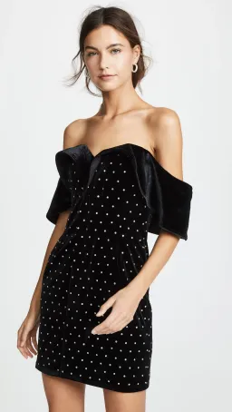 Self Portrait Off Shoulder Velvet Mini Dress Black Size 6 for rent on The Volte - image 2