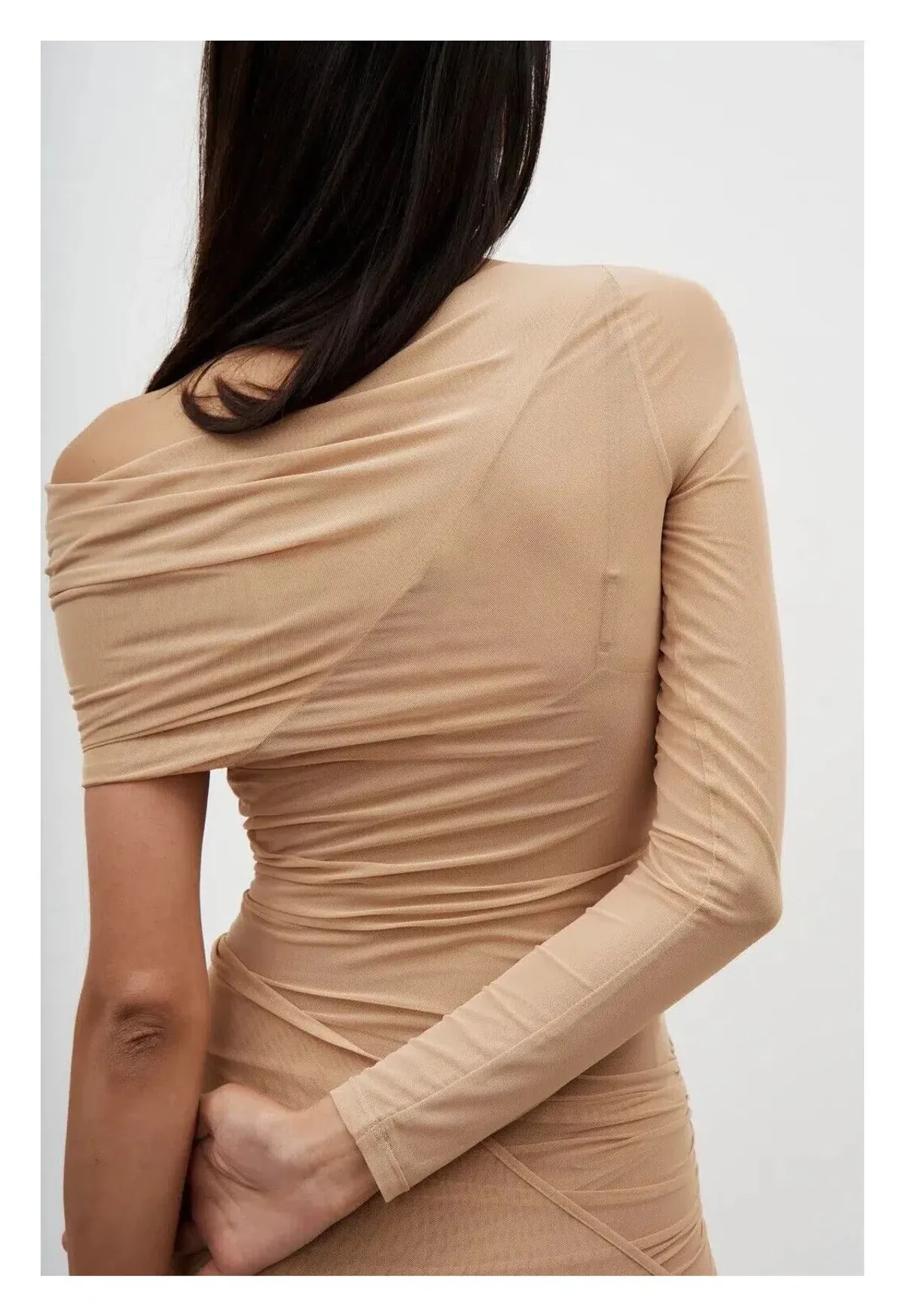 Atlein Off Shoulder One Sleeve Draped Dress Nude Size 8 - Image 3