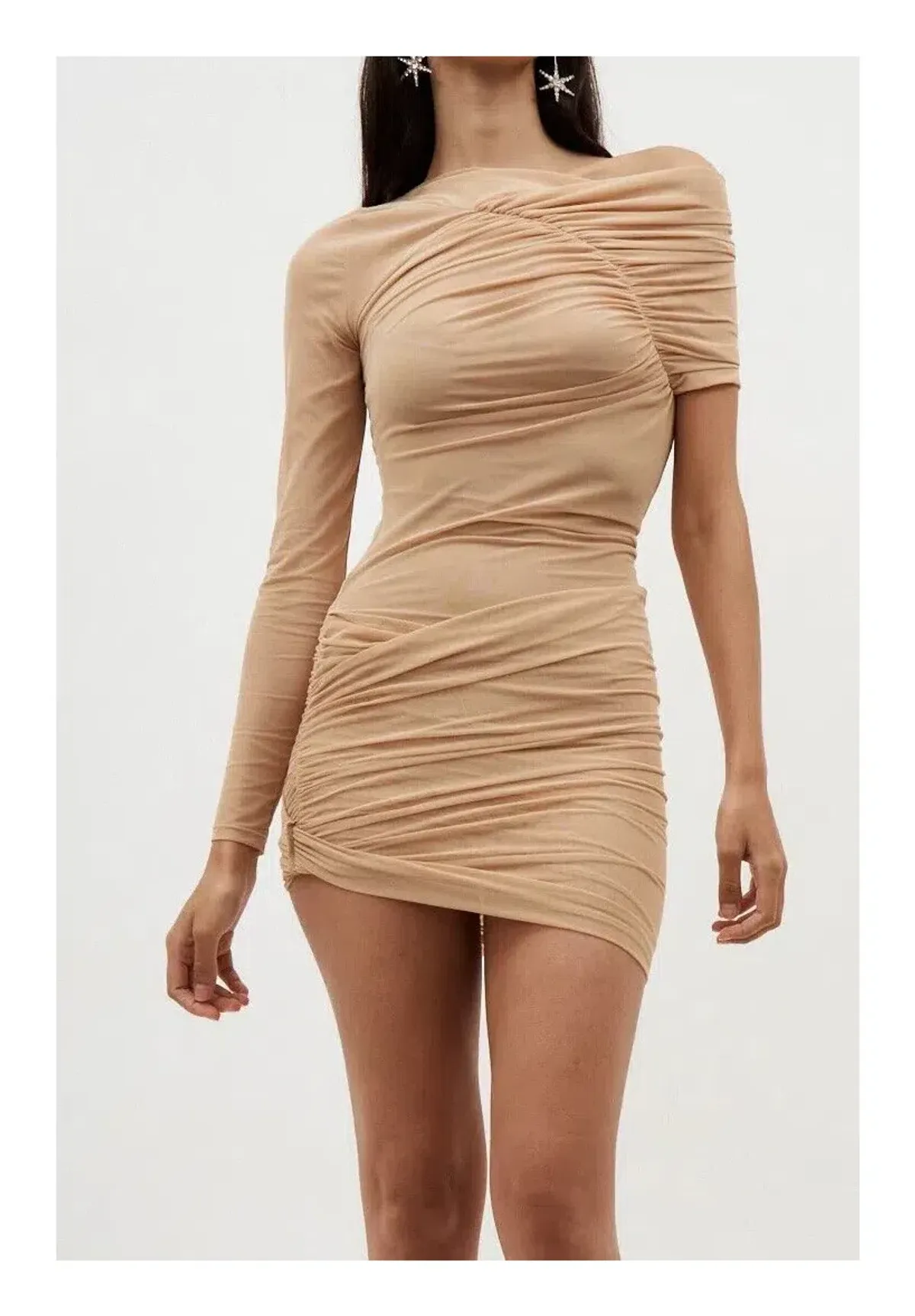 Atlein Off Shoulder One Sleeve Draped Dress Nude Size 8 - Image 2