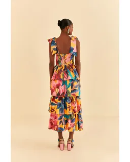 Farm Rio Yellow Painted Flowers Tiered Midi Dress Print Size Small / AU 8 for rent on The Volte - image 4
