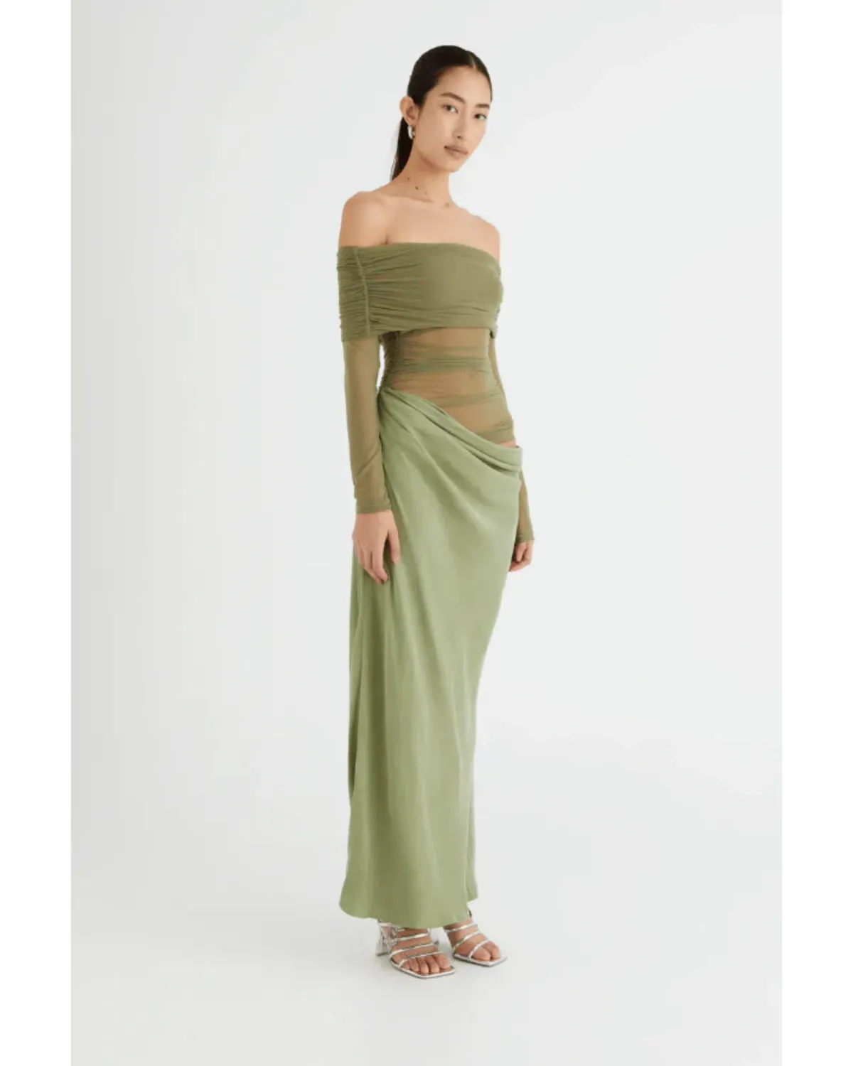 Benni Yasmin Off Shoulder Maxi Dress Pistachio Size AU 10 - Image 2