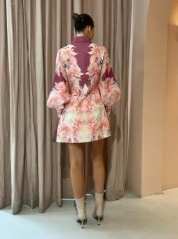 Leo Lin Luminous Silk Linen Mini Dress in Orient Print in Hibiscus Pink Size 10 for rent on The Volte - image 3