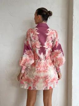 Leo Lin Luminous Silk Linen Mini Dress in Orient Print in Hibiscus Pink Size 10 for rent on The Volte - image 6