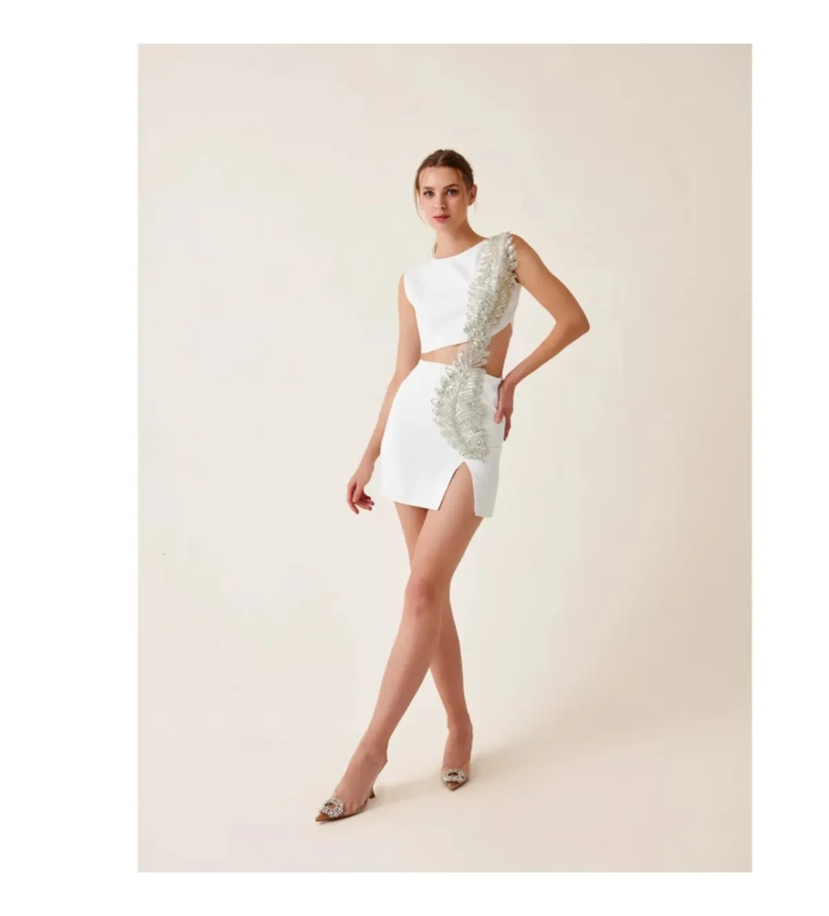 Fickle Hearts Ellie Ecru White Mini Dress With Cutouts & Embellishment Size AU 6 - Image 2