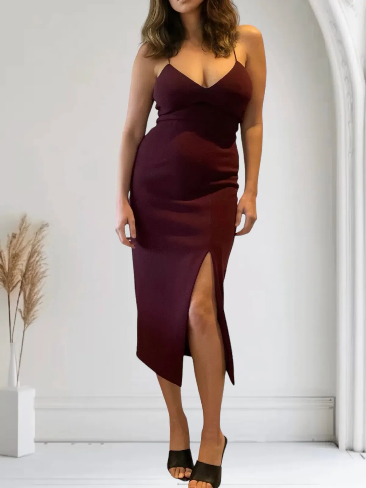Sheike Midi Dress with Side Split Burgundy Size 10 - Image 2