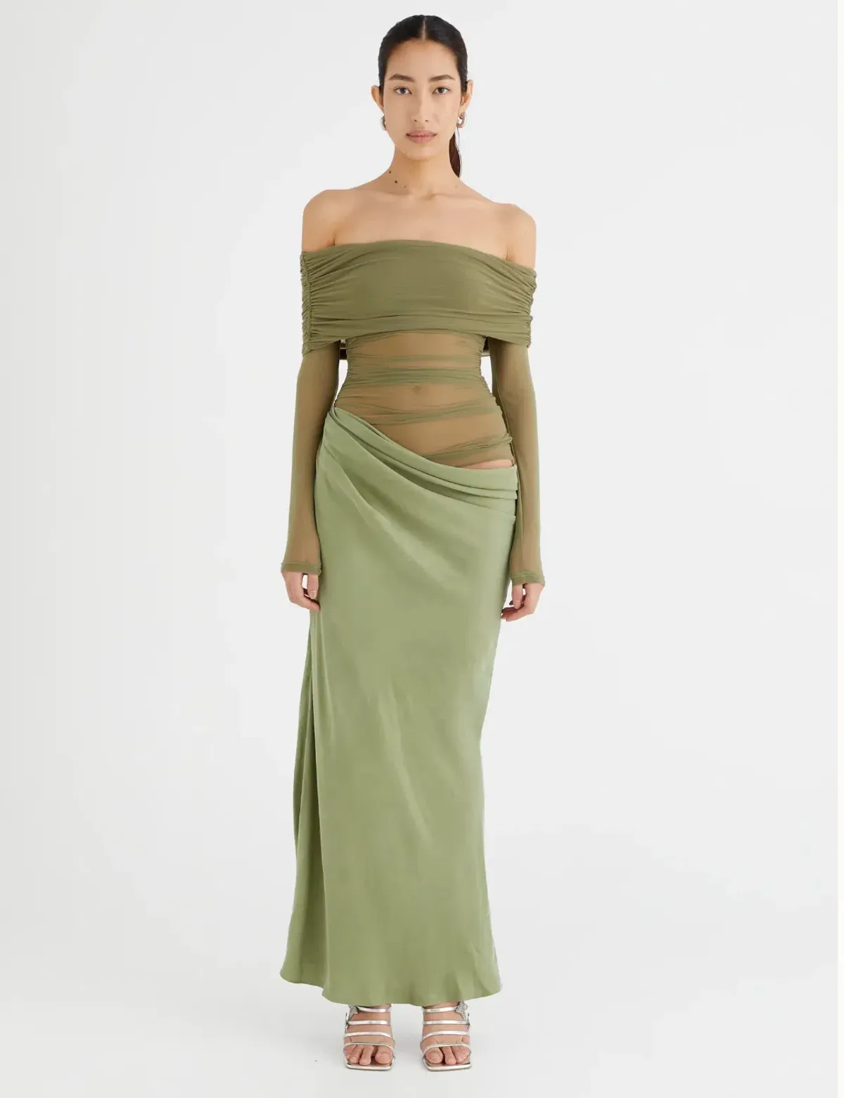 Benni Yasmin Off Shoulder Maxi Dress Pistachio Green Size 10 - Image 1