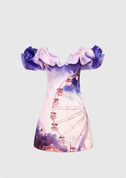 Leo Lin Bella Off Shoulder Frill Mini Dress Fairground Print Size 10 for rent on The Volte - image 1