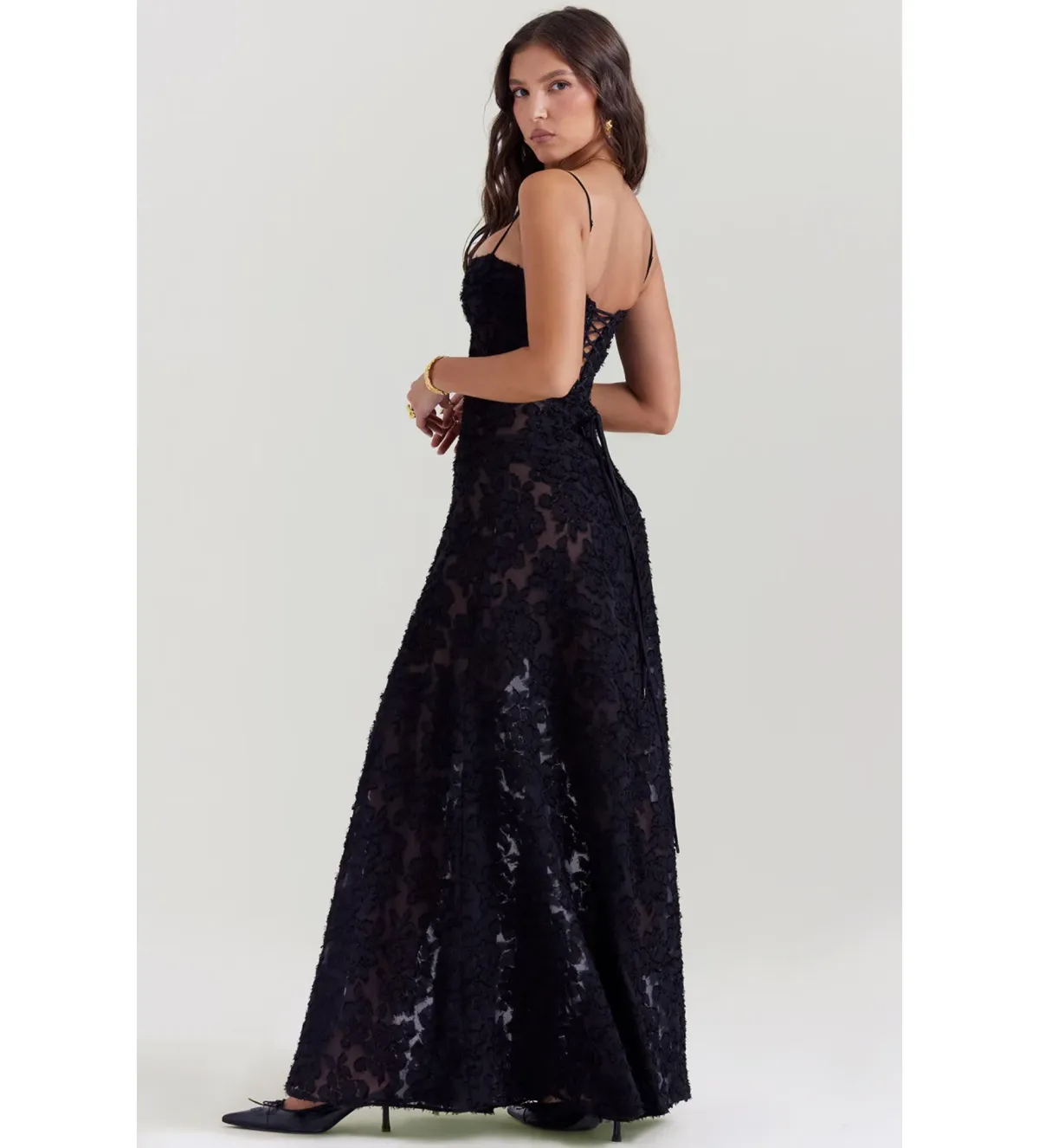 House of CB Seren Black Floral Lace Back Maxi Dress Size M/AU 10 - Image 3