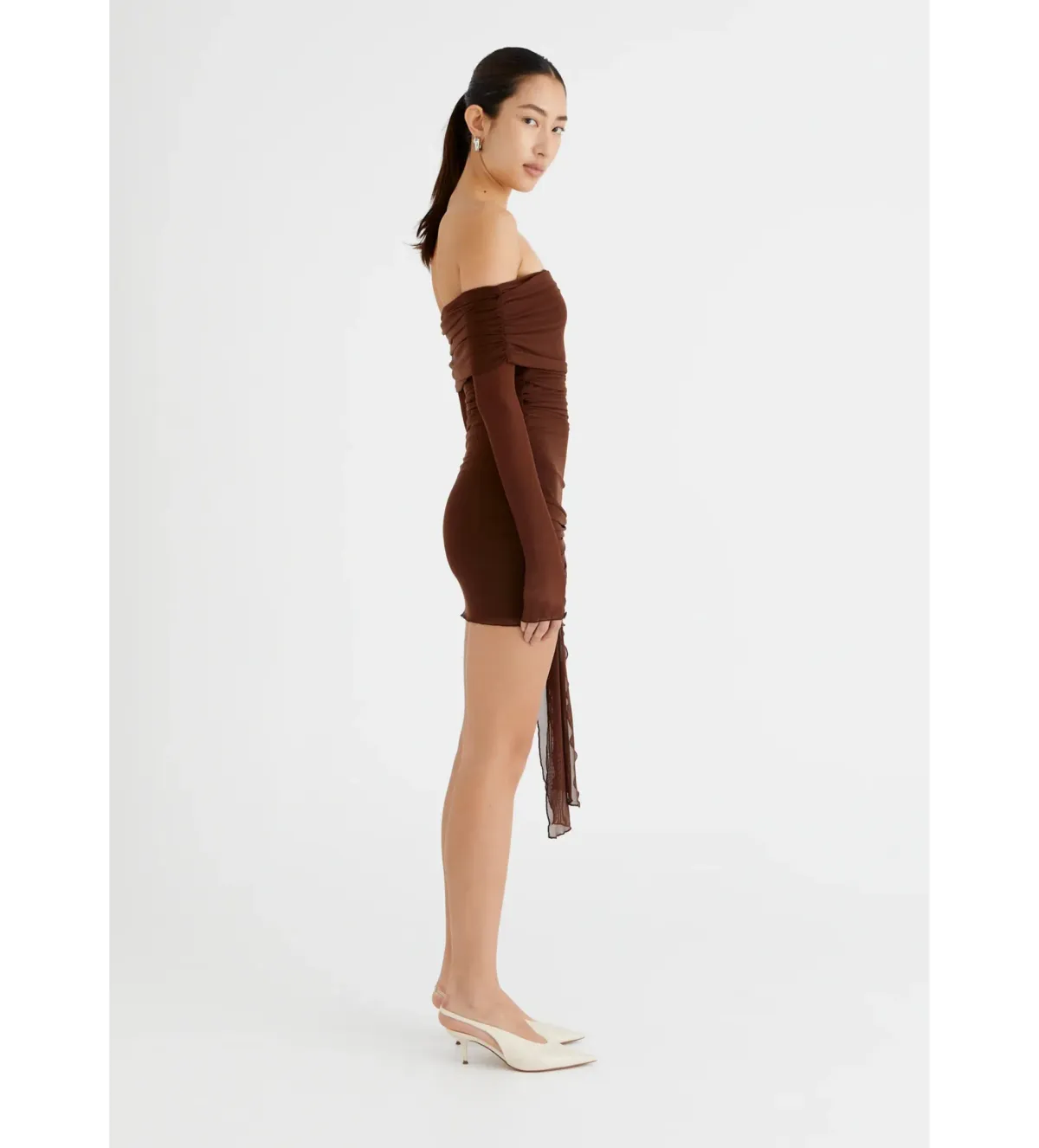 BENNI Yasmin Off Shoulder Mini Dress in Cacao Size XS/AU 6 - Image 2
