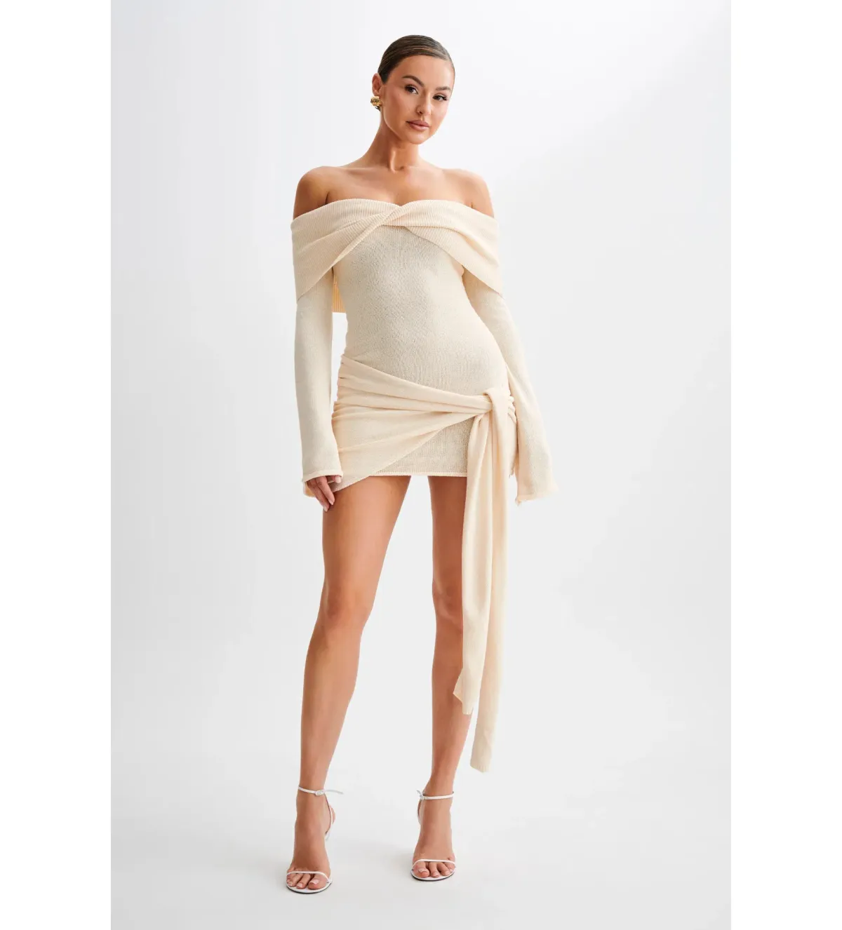 MESHKI Camryn Off Shoulder Tie Knit Mini Dress in Cream Marle Size S/AU 8 - Image 1