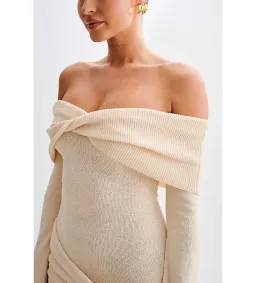 MESHKI Camryn Off Shoulder Tie Knit Mini Dress in Cream Marle Size S/AU 8 for rent on The Volte - image 5