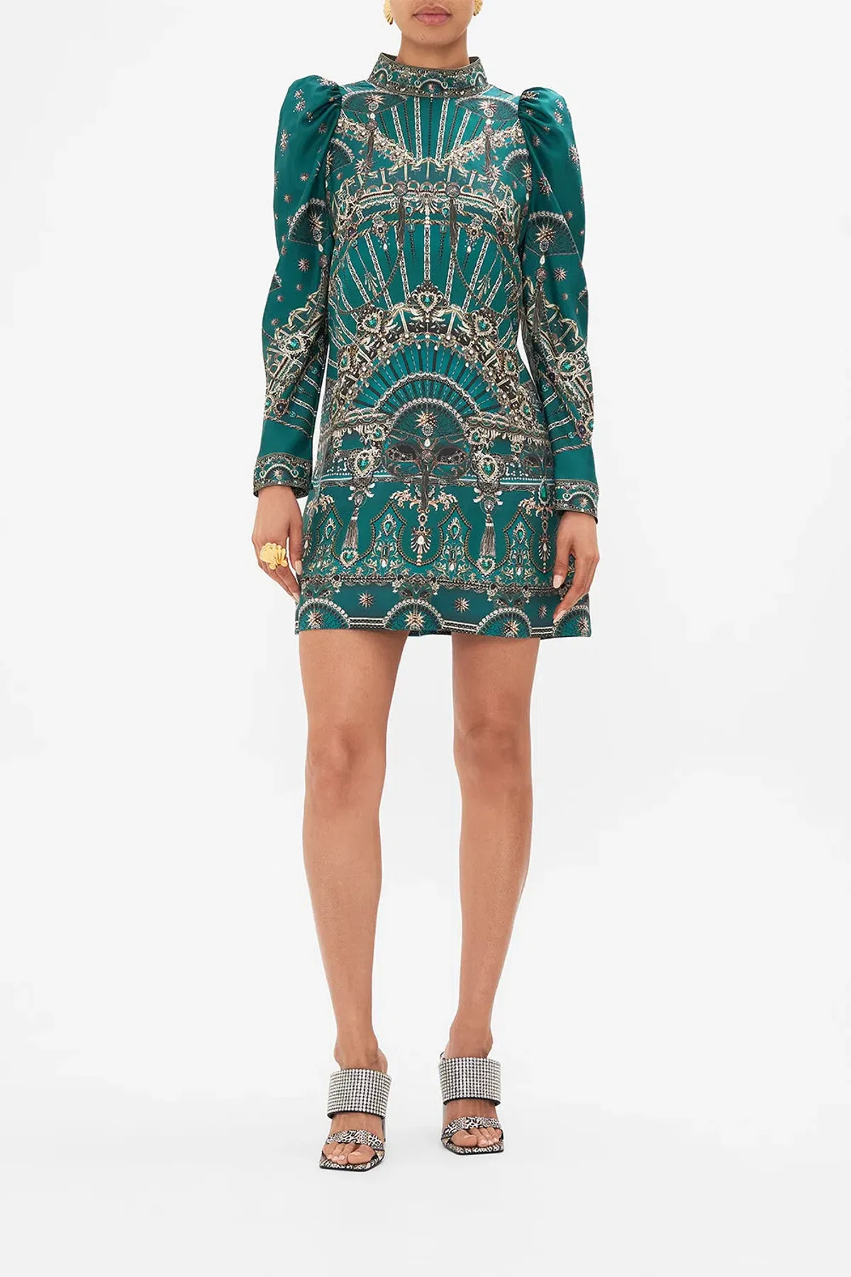 Camilla Puff Sleeve High Neck Mini Dress Green Size 14 - Image 1