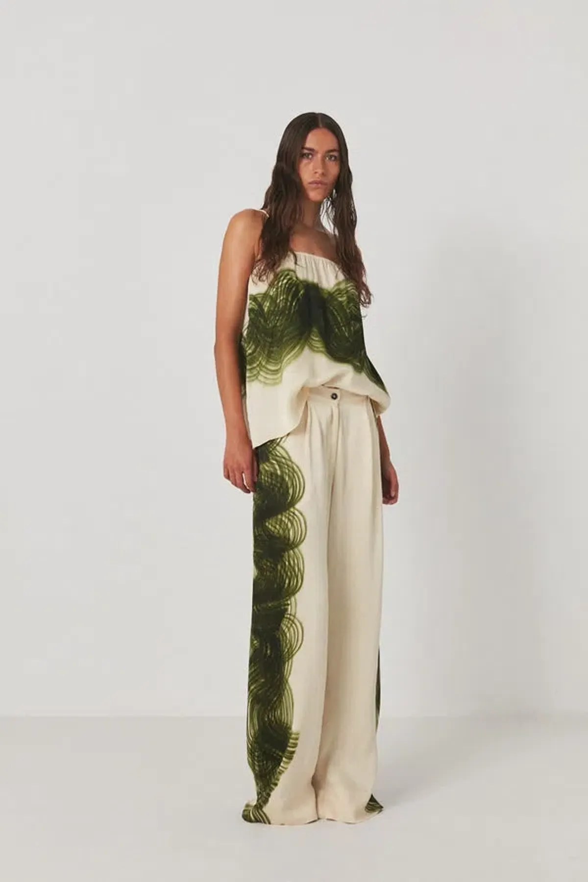 Rabens Saloner Briana Swirl Pleat Wide Pant Olive Chalk Combo Size AU 10 - Image 1
