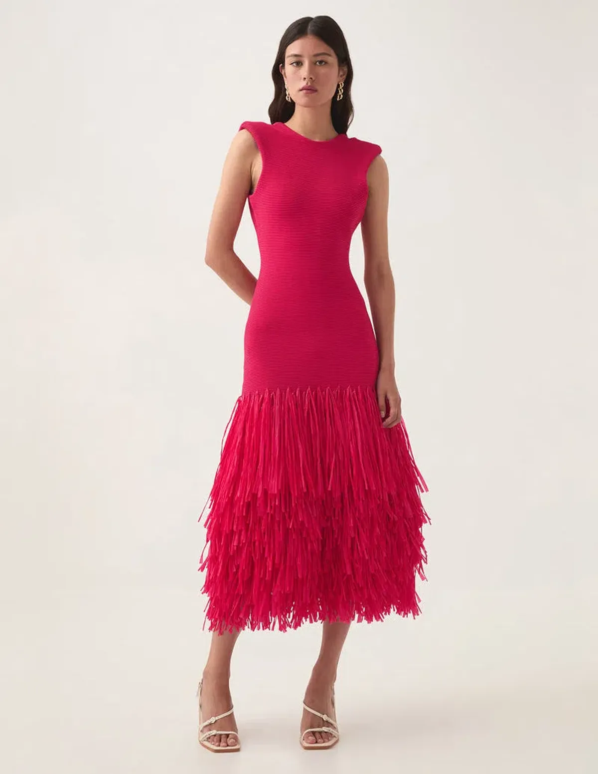 Aje Rushes Raffia Knit Midi Dress in Deep Fuschia Size M (AU 10) - Image 1