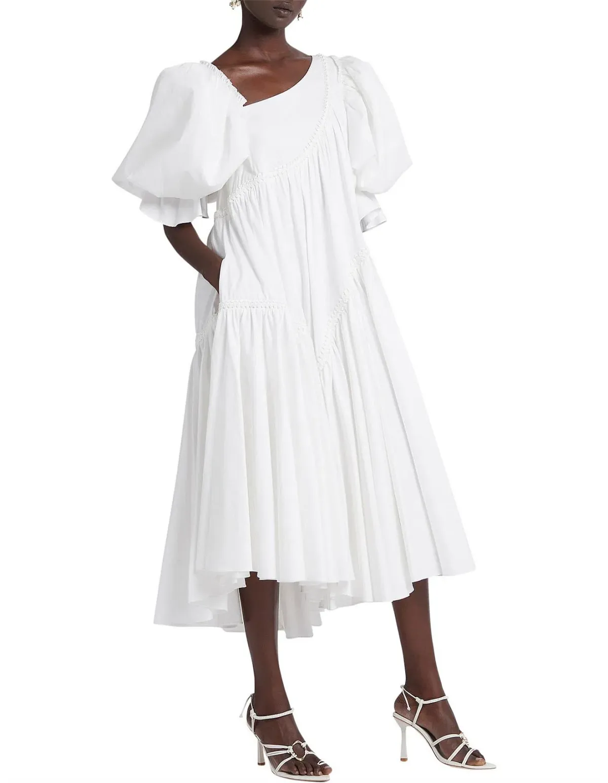 Aje Casabianca Braided Asymmetric Puff Sleeve Midi Dress White Size 14 - Image 1
