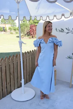 Leo Lin Annie Off Shoulder Frill Midi Dress Sky Blue Size AU 8 for rent on The Volte - image 1