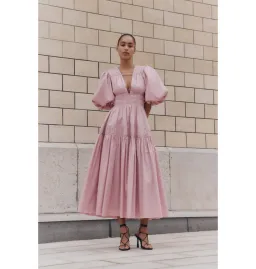 Aje Fallingwater Gathered Midi Dress Chalk Pink Size AU 6  for rent on The Volte - image 1