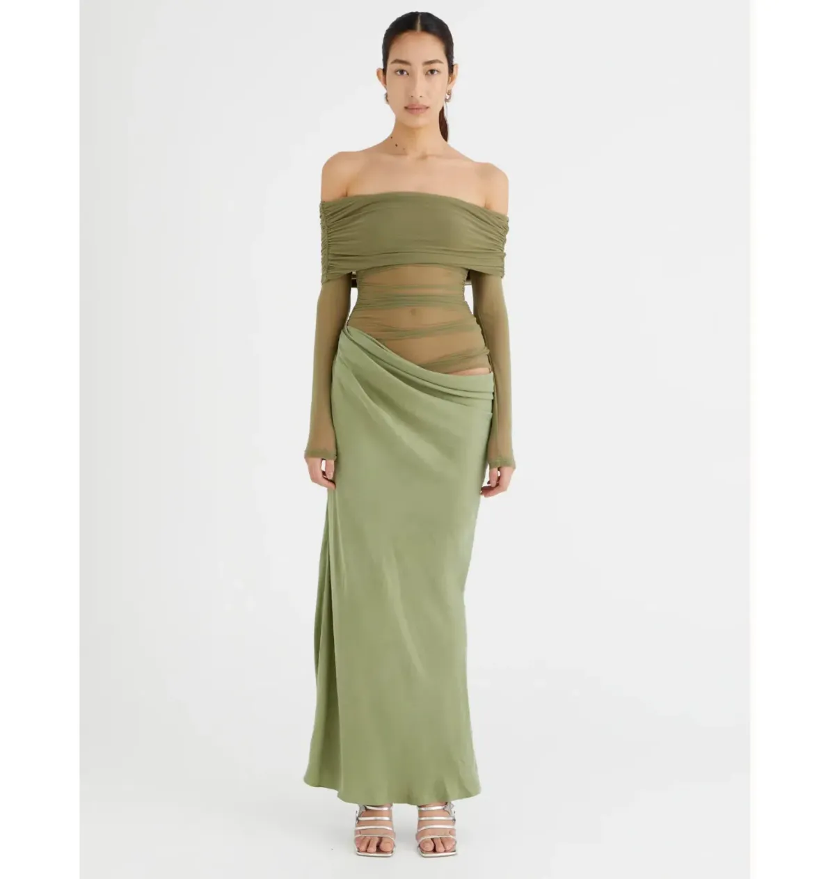 Benni Yasmin Off Shoulder Maxi Dress Pistachio Green Size AU 8  - Image 1