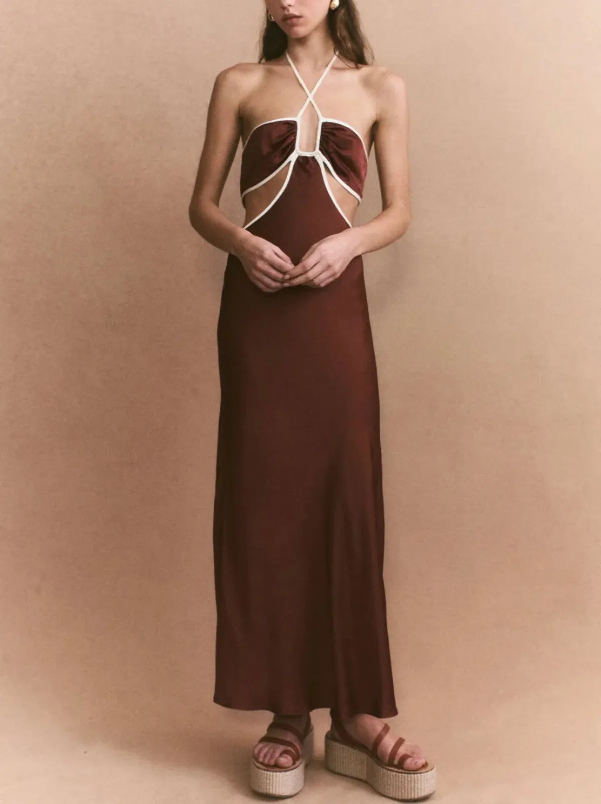 Shona Joy Contrast Halter Midi Dress Chocolate/Ivory Size 8 - Image 1