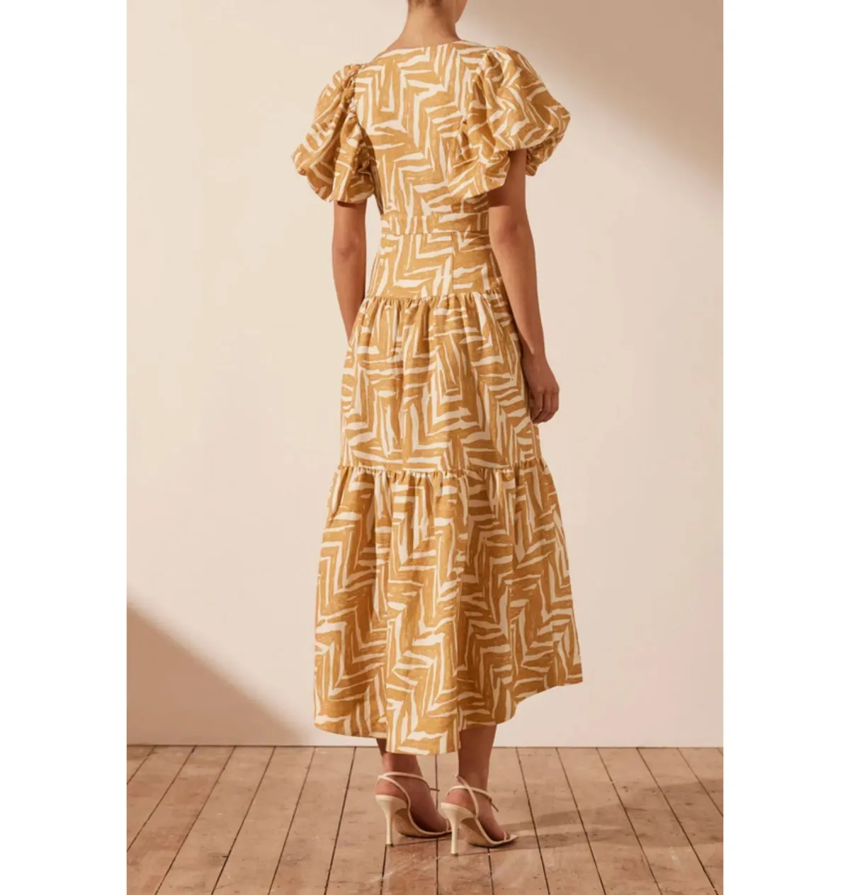 Shona Joy Imani Plunged Short Sleeve Midi Dress in Ivory/Ginger Size AU 18 - Image 3