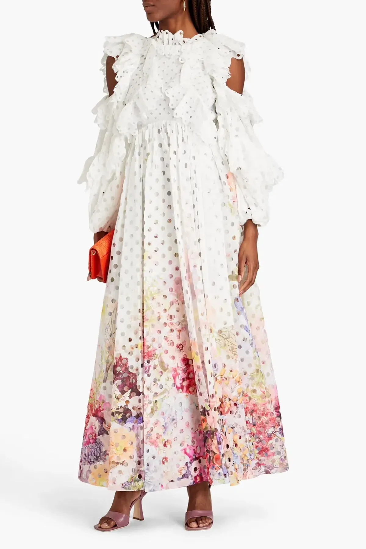 Zimmermann Prima Ruffled Laser Cut Gauze Gown Multi Floral Print Size 0 / AU 8 - Image 1