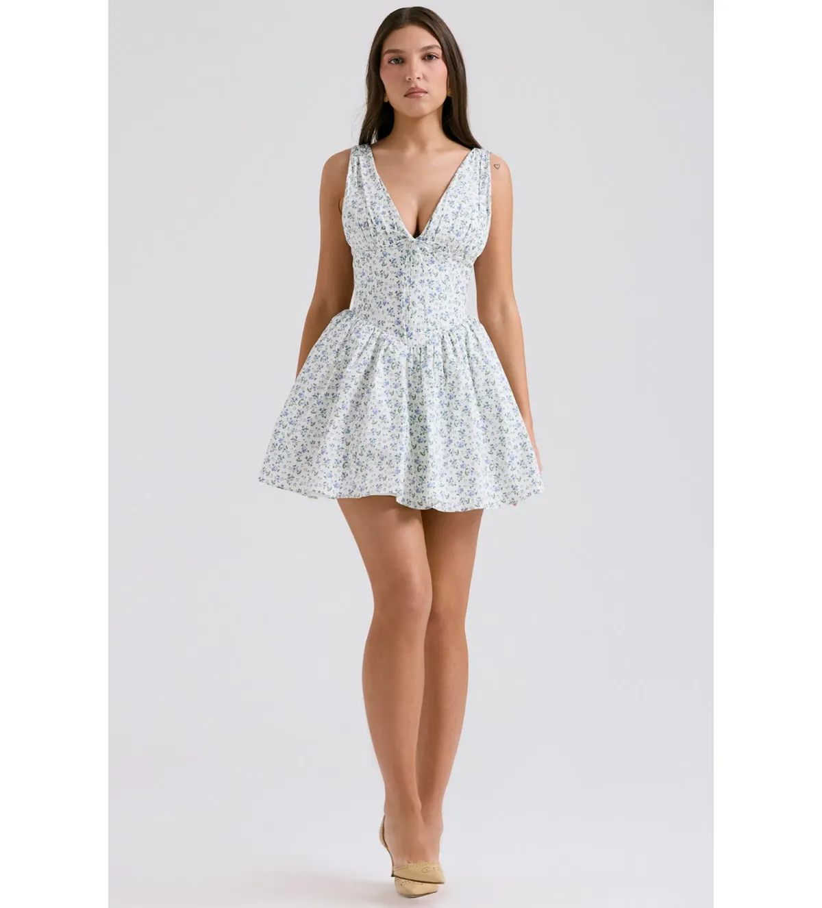 House of CB Fabrizia Corset Mini Dress White Bluebell Print Size XS/Au 6 - Image 4
