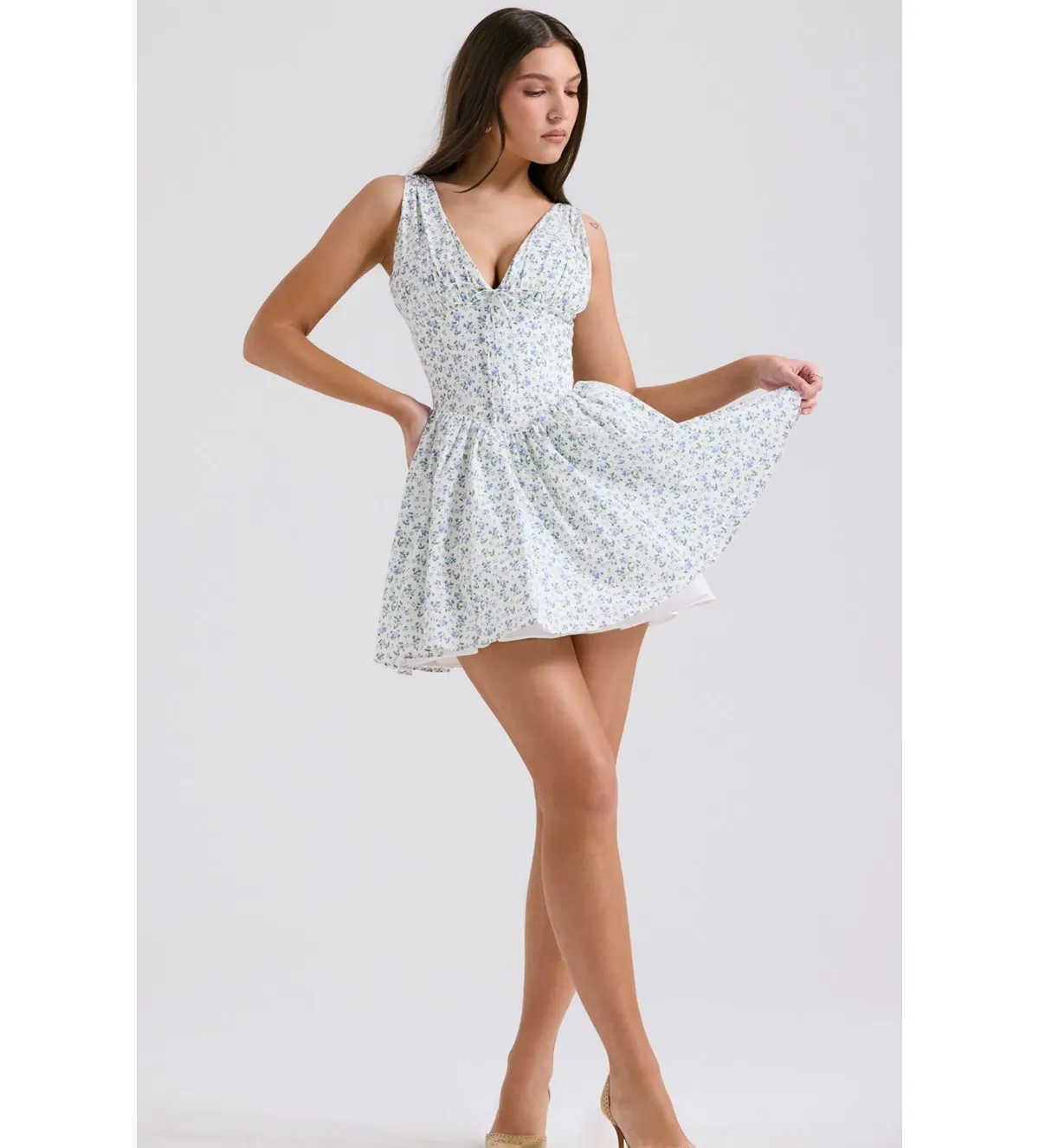 House of CB Fabrizia Corset Mini Dress White Bluebell Print Size XS/Au 6 - Image 3