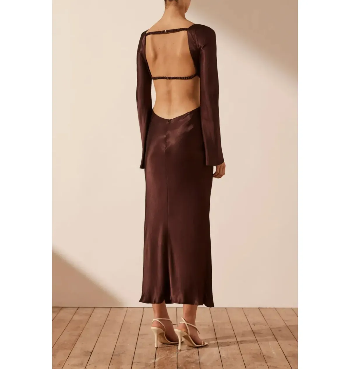 Shona Joy Lana Long Sleeve Open Back Midi Dress Cocoa Size AU 8 - Image 2