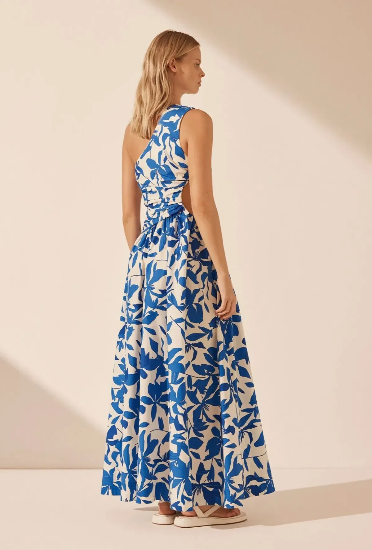 Shona Joy Bleue Asymmetrical Cut Out Maxi Dress Ivory/Aqua Print Size 12 - Image 3