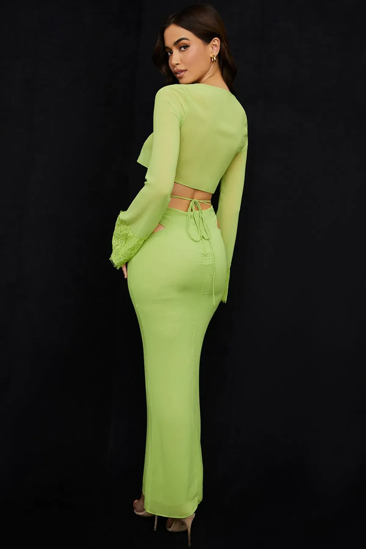 House of CB Tara Georgette Cropped Top Size M & Madeline Georgette Maxi Skirt Size L Set Lime Green - Image 3