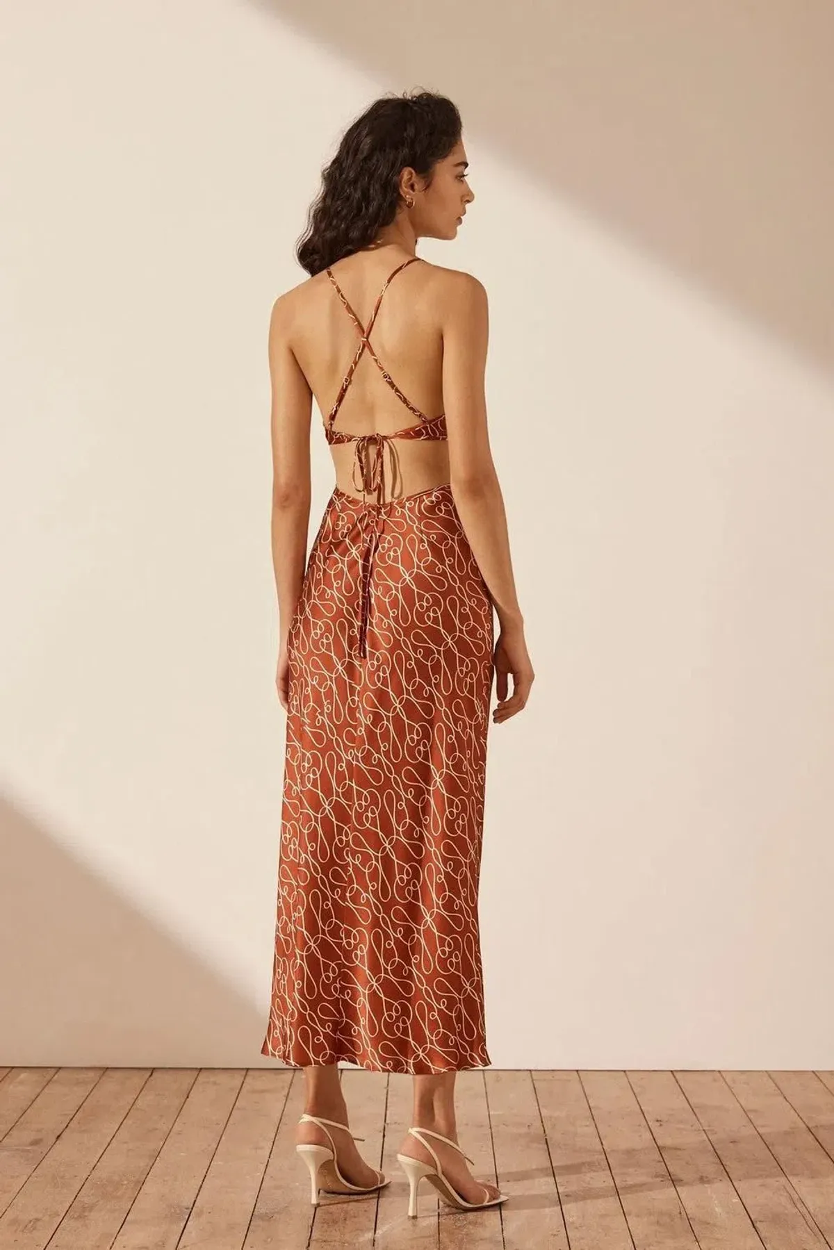 Shona Joy Artisti Silk Cut Out Tie Back Midi Dress Print Size 6  - Image 2