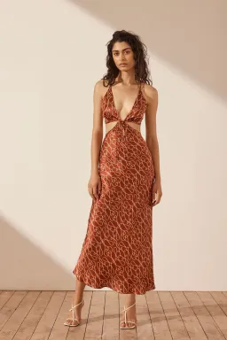 Shona Joy Artisti Silk Cut Out Tie Back Midi Dress Print Size 6  for rent on The Volte - image 1