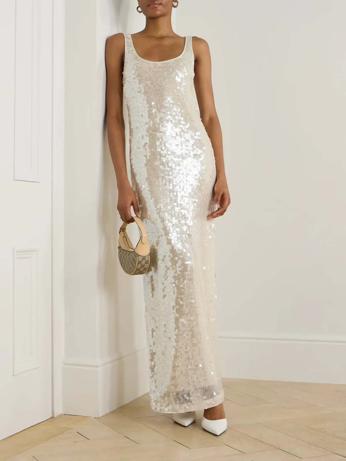 Simkhai Bex Sequined Tulle Maxi Long Dress in Cream Size US 6 / AU 10 - Image 1