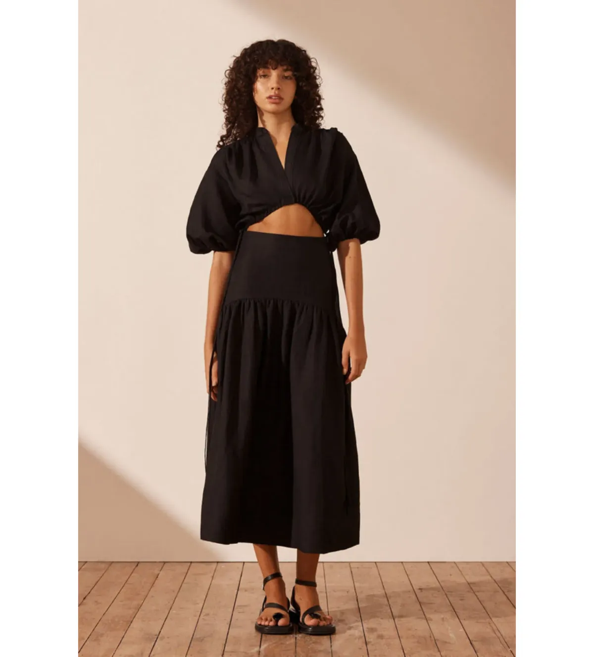Shona Joy Mare Linen Deconstructed Midi Dress Black Size 8  - Image 1