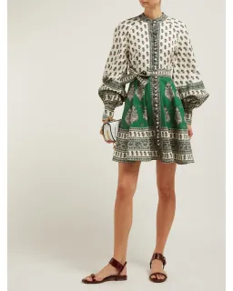 Zimmermann The Amari Emerald Buttoned Mini Dress in Green Paisley Size 6 for rent on The Volte - image 1