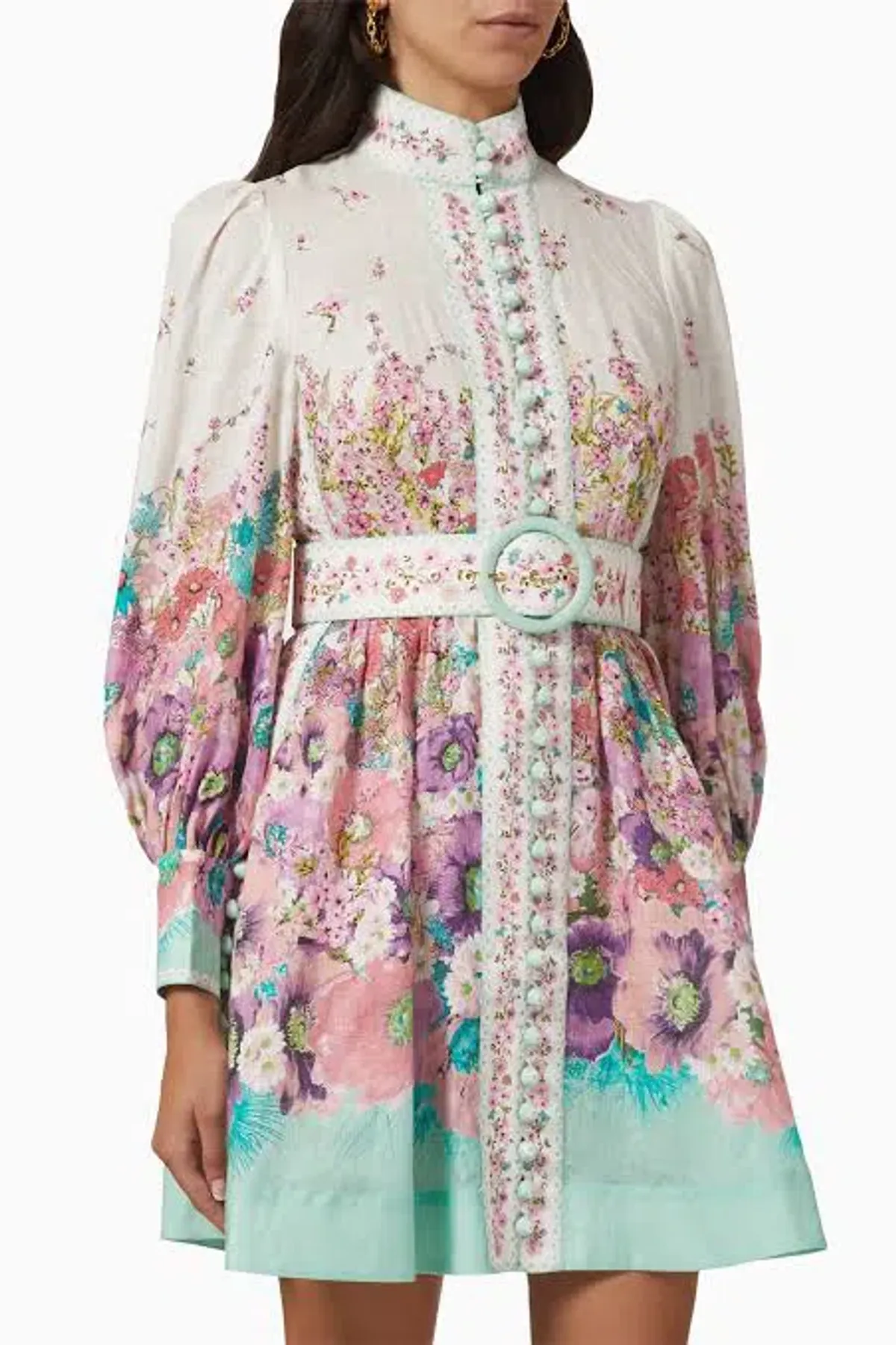Zimmermann Jude Buttoned Mini Dress In Aqua Gradient Floral Size 3 / Au 14 - Image 4