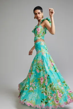 Hemant and Nandita Azra Corset Top and Maxi Skirt Set Green Floral Size 8 for rent on The Volte - image 2