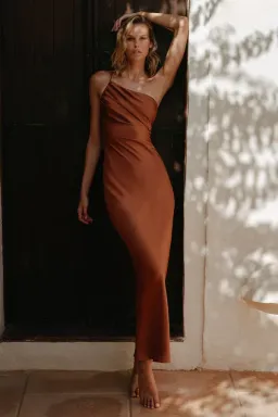 Shona Joy Luxe Asymmetrical Gathered Maxi Dress in Mocha Size 8 for rent on The Volte - image 5