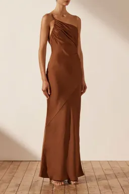 Shona Joy Luxe Asymmetrical Gathered Maxi Dress in Mocha Size 8 for rent on The Volte - image 2