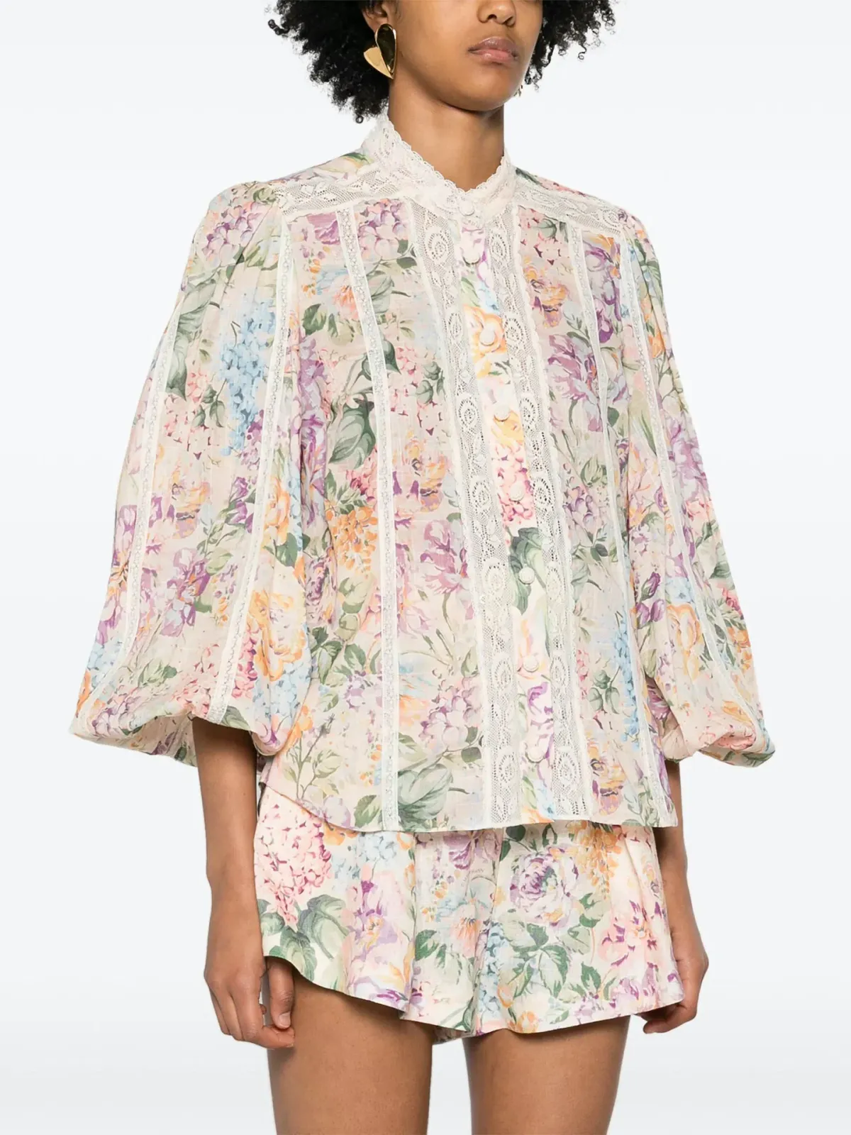 Zimmermann Halliday Lace Trim Shirt and Tuck Shorts Set Multi Watercolour Floral Size 0 / AU 8 - Image 2
