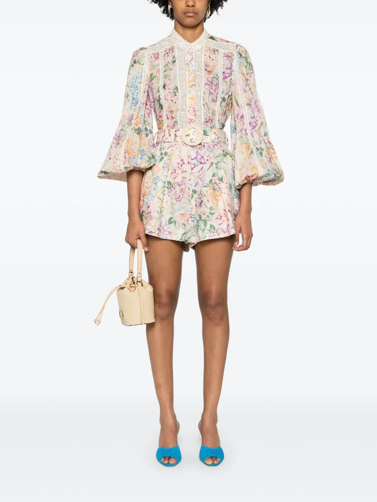 Zimmermann Halliday Lace Trim Shirt and Tuck Shorts Set Multi Watercolour Floral Size 0 / AU 8 - Image 1