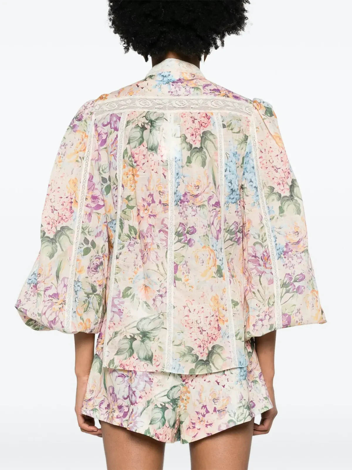 Zimmermann Halliday Lace Trim Shirt and Tuck Shorts Set Multi Watercolour Floral Size 0 / AU 8 - Image 3