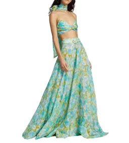 Zimmermann High Tide Twist Crop Bodice & Maxi Skirt Set In Aqua Ikat Floral Size 1 / Au 10 for rent on The Volte - image 1