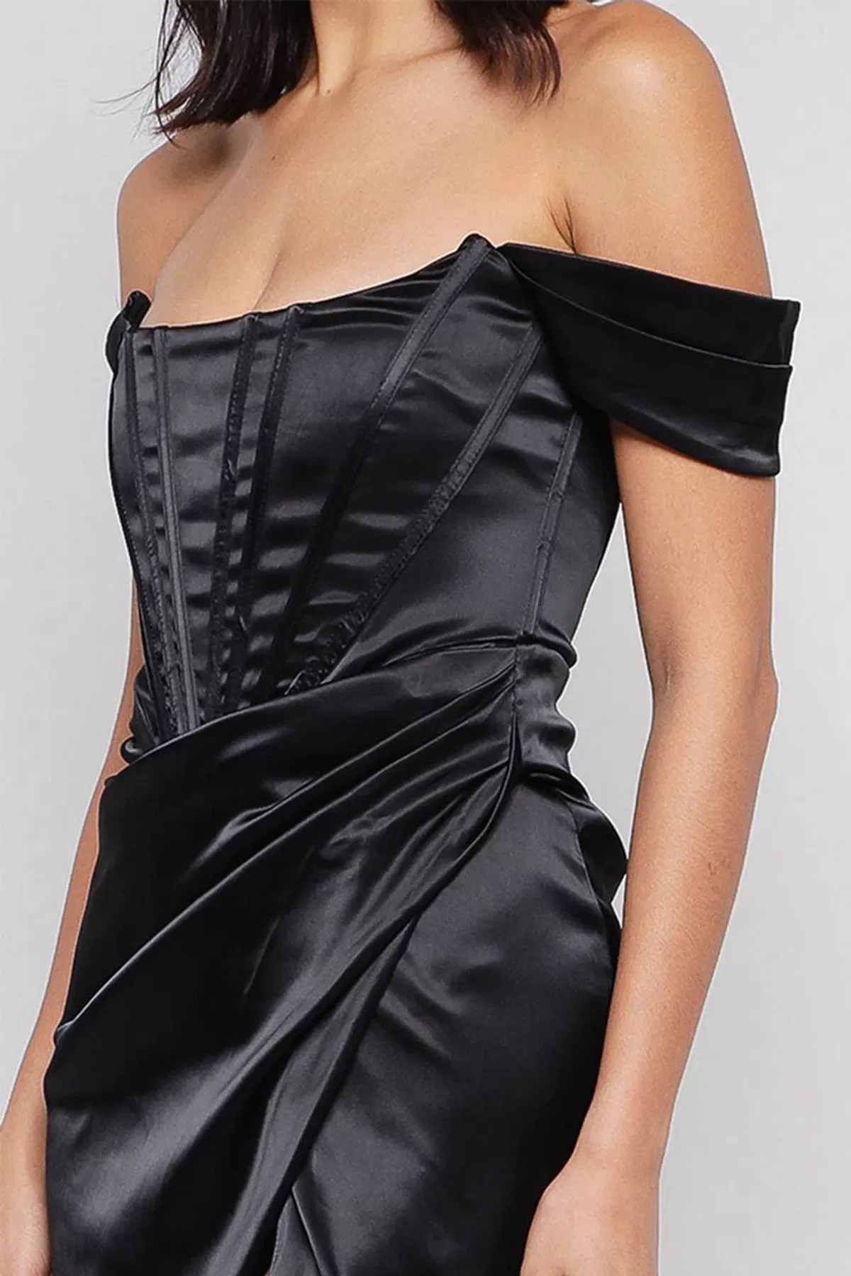House of CB Loretta Satin Corset Off Shoulder Dress Black Size M / AU 10 - Image 7