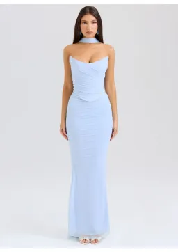 House of CB Hallie Strapless Corset With Neck Scarf and Cassidy Fluted Hem Maxi Skirt Set Bluebell Size S / AU 8 for rent on The Volte - image 1