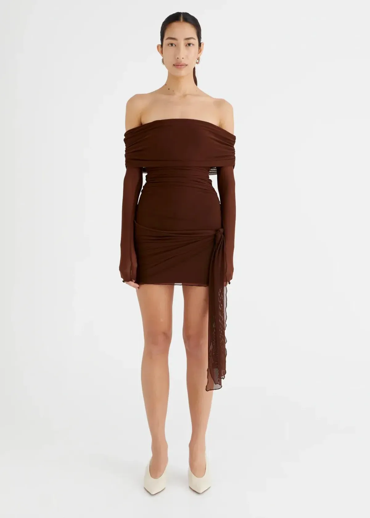 Benni Yasmin Off Shoulder Mini Dress Cacao Size 10 - Image 1
