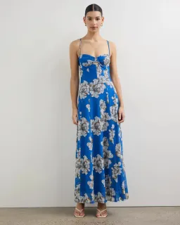 Lover Cleo Bustier Mesh Maxi Dress Blue Floral Size 10 for rent on The Volte - image 1