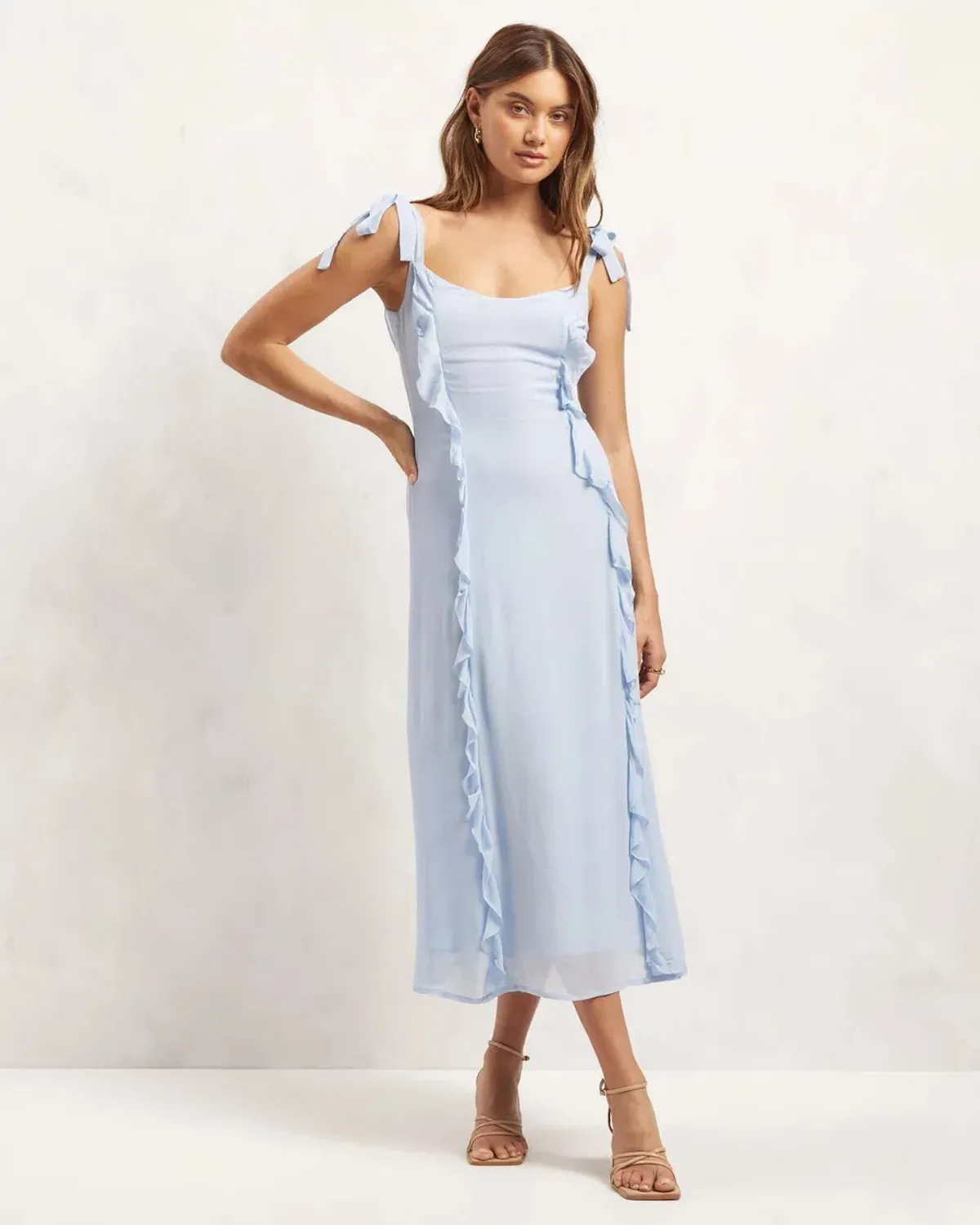 Aere Ruffle Tie Shoulder Midi Dress Pale Blue Size 10 - Image 1