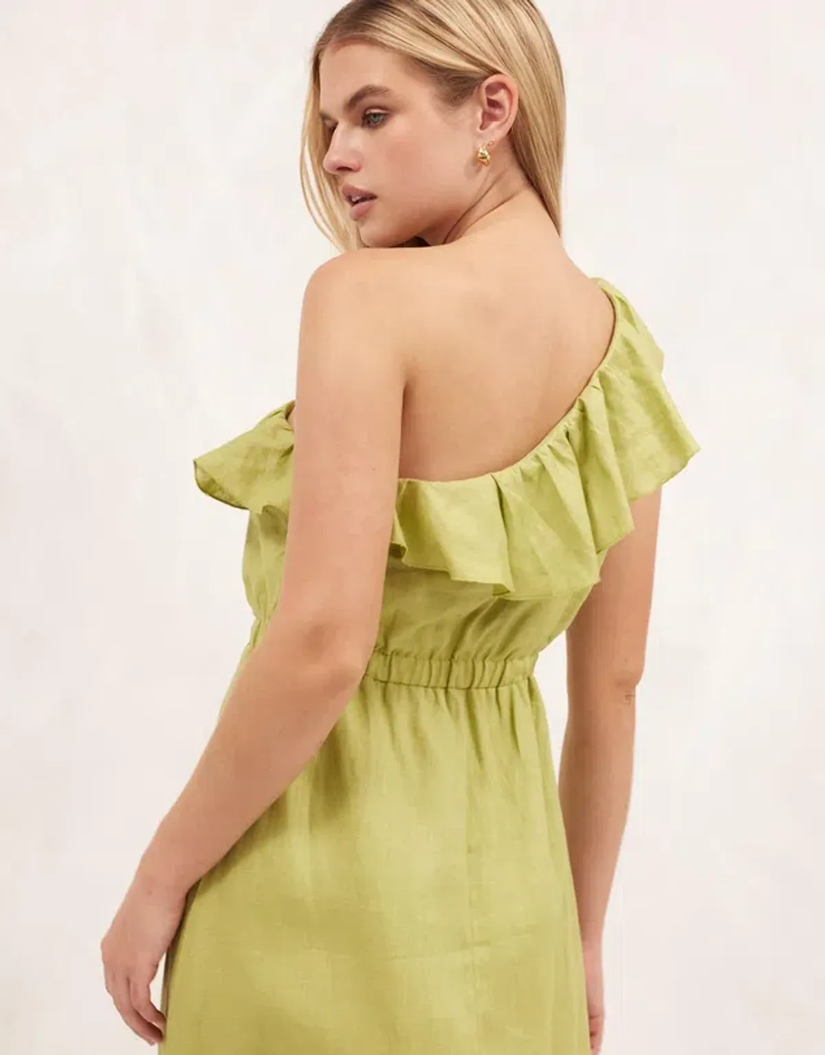 Aere Linen One Shoulder Midi Dress Bay Leaf Green Size 8 - Image 3